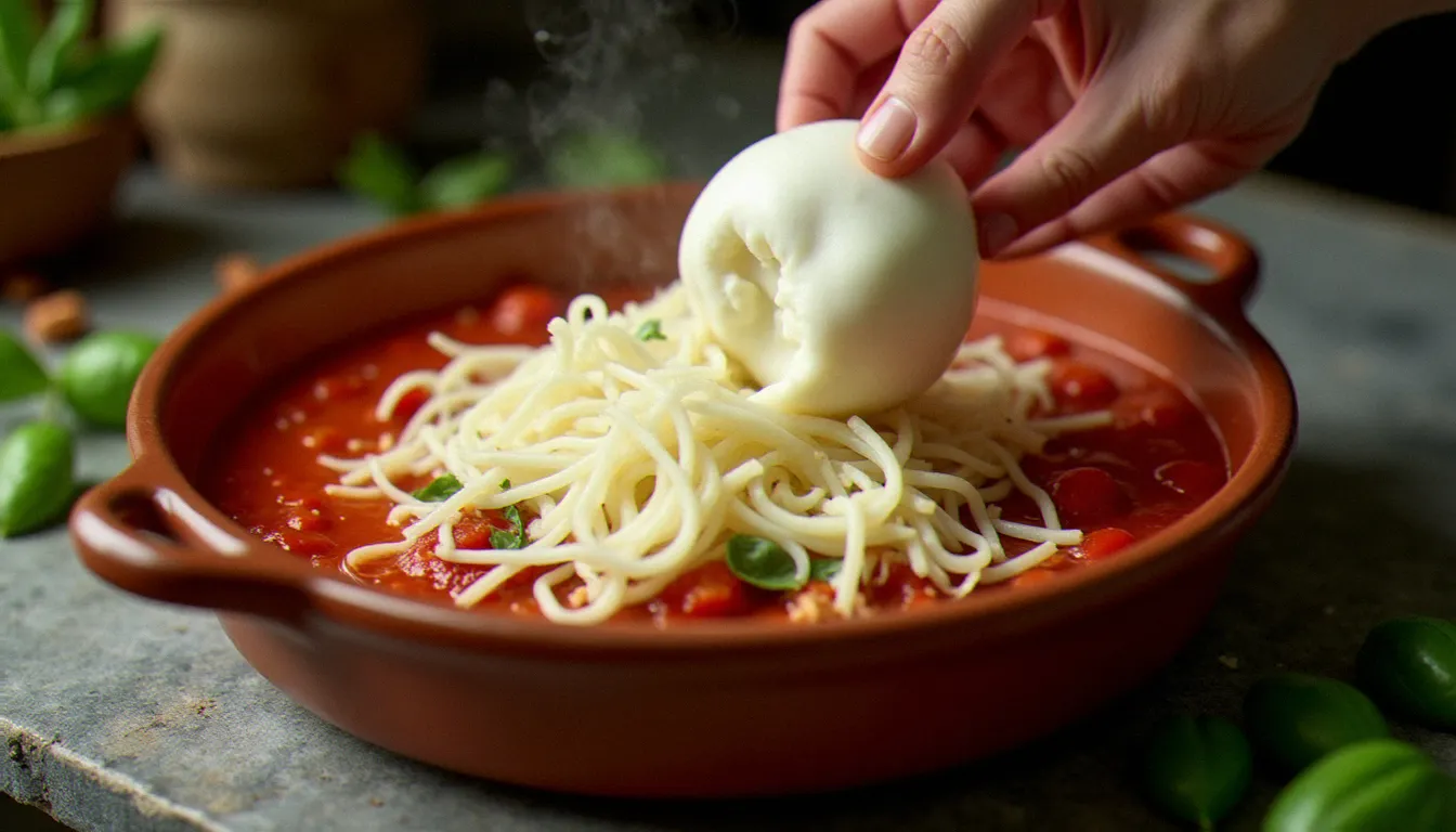Mozzarella di bufala déchirée à la main au-dessus d'une sauce tomate qui mijote dans une poêle en terre cuite, cuisine méditerranéenne en arrière-plan