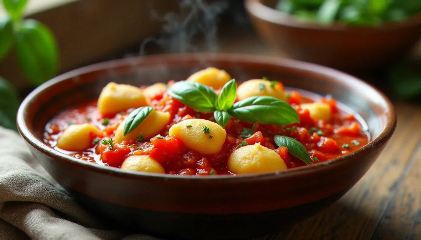 Bol en céramique rustique contenant des gnocchi tomates mozzarella nappés de sauce San Marzano avec mozzarella fondante et basilic frais