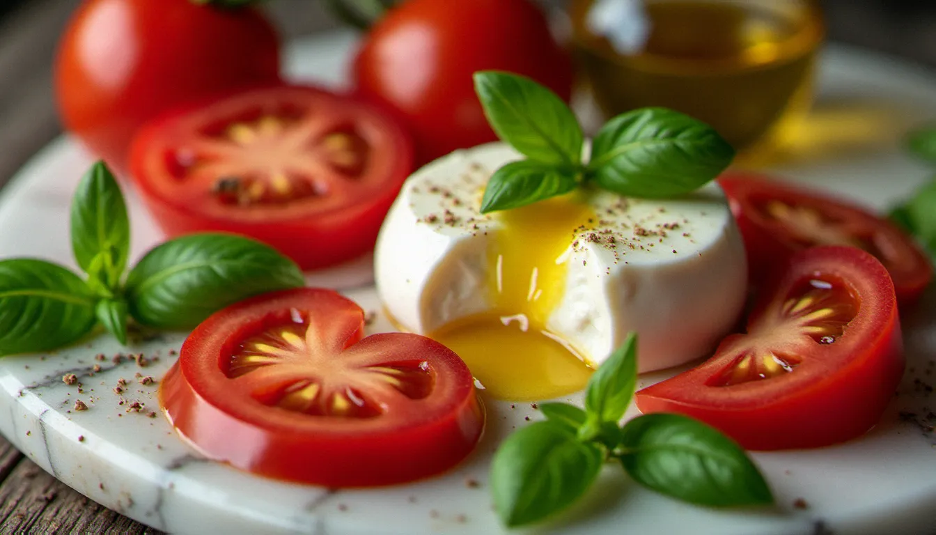 Ingrédients italiens authentiques sur marbre — burrata crémeuse de Puglia, tomates San Marzano et huile d'olive sicilienne, critères d'authenticité d'une cuisine italienne de qualité