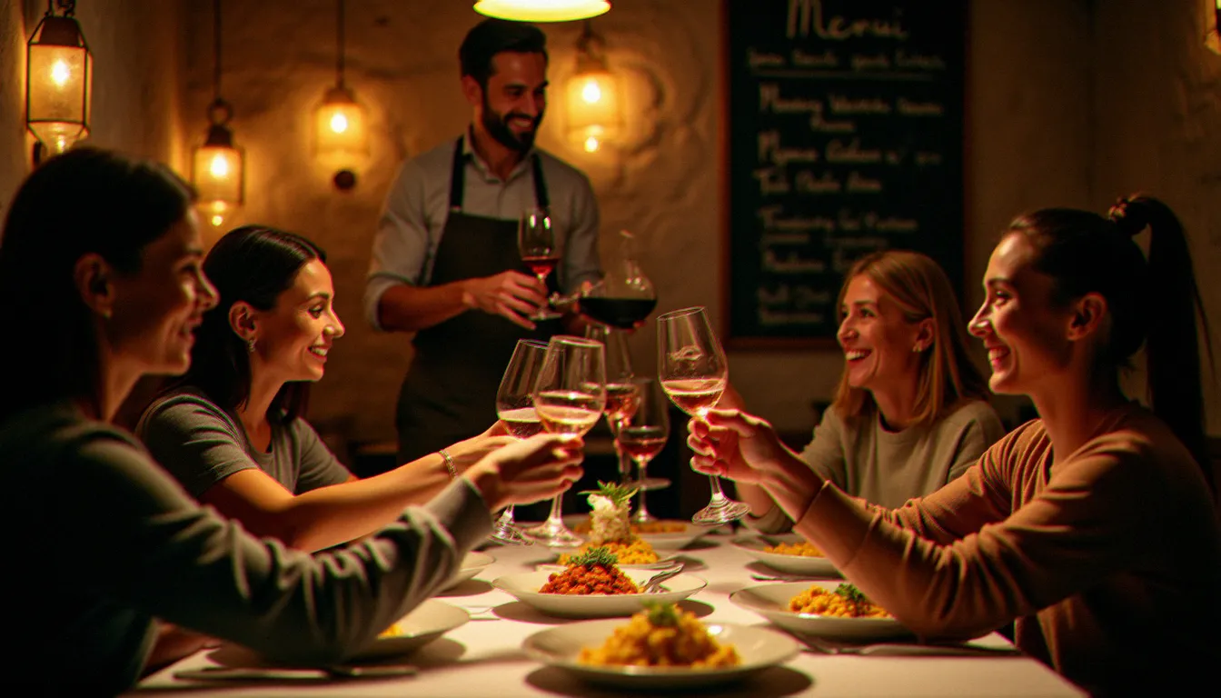 Ambiance conviviale et chaleureuse d'un restaurant de cuisine italienne le soir, clients portant un toast avec verres de vin rouge autour d'une table garnie de pâtes et risotto