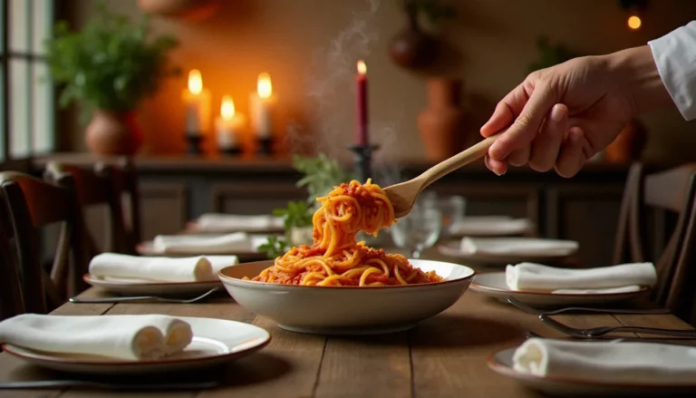 Salle de trattoria italienne aux bougies avec tagliatelles al ragù fraîchement dressées, évoquant l'ambiance authentique de La Bella Vita cuisine italienne