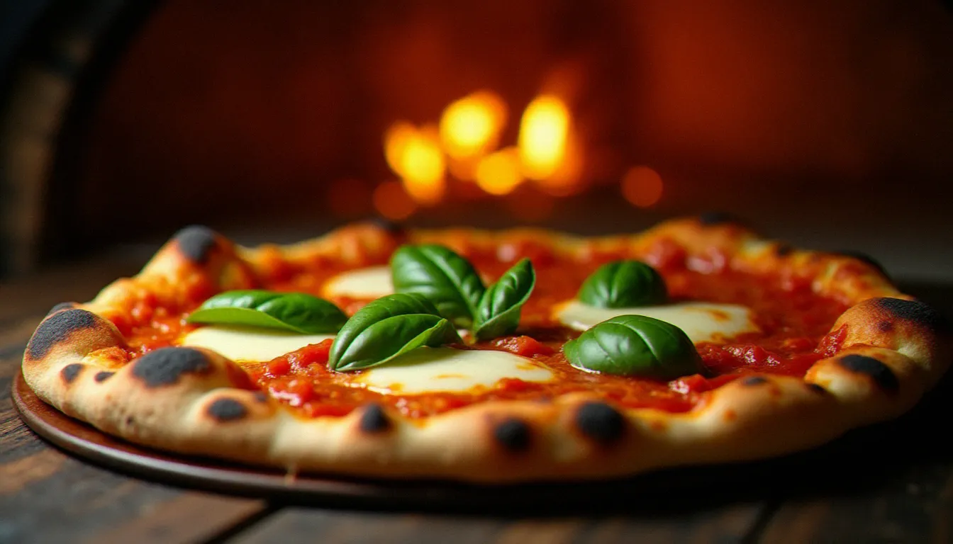 Pizza napolitaine authentique sortant d'un four à bois avec mozzarella di bufala fondue et basilic frais, illustrant les standards d'une cuisine italienne sincère