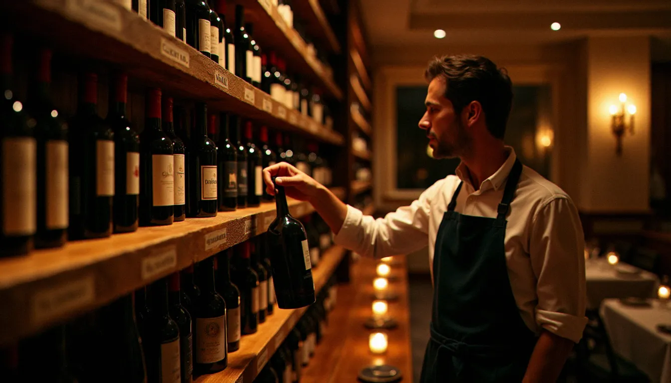 Cave à vins d'un restaurant italien avec sélection de vins régionaux italiens, un sommelier présentant une bouteille dans une salle à l'ambiance feutrée