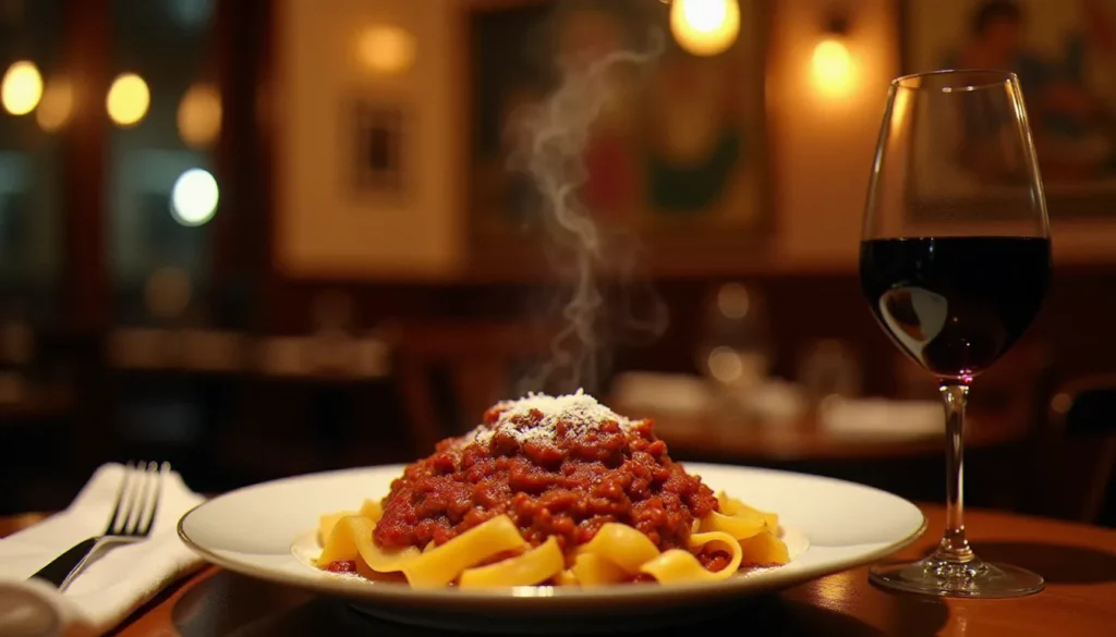 la santa lucia cuisine italienne avis featured Table de restaurant La Santa Lucia avec assiette de tagliatelle au ragù et verre de vin rouge, atmosphère chaleureuse de trattoria italienne