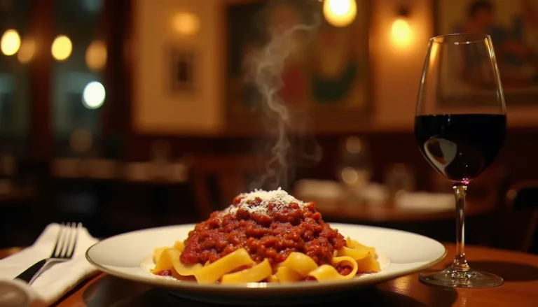 Table de restaurant La Santa Lucia avec assiette de tagliatelle au ragù et verre de vin rouge, atmosphère chaleureuse de trattoria italienne