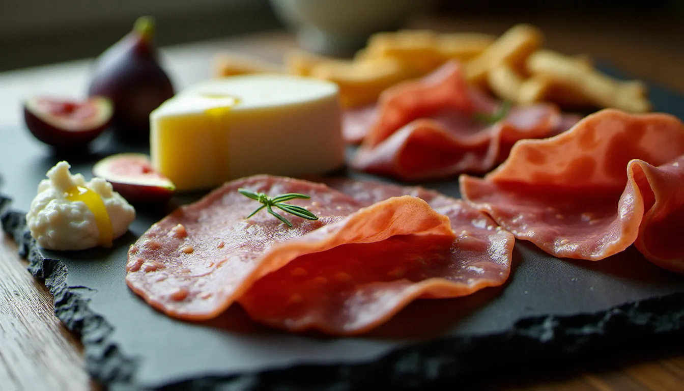 Plateau de charcuteries et fromages italiens AOP sur ardoise sombre — bresaola, mortadelle, burrata et parmigiano reggiano — représentant la sélection de produits d'exception d'un restaurant de cuisine italienne authentique