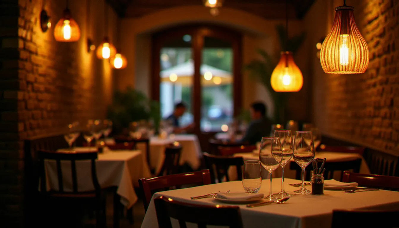 Salle de restaurant italien chaleureux le soir — murs en briques apparentes, lumières tamisées orangées, tables en bois dressées avec verres à vin — évoquant l'ambiance authentique d'une osteria italienne comme La Squadra