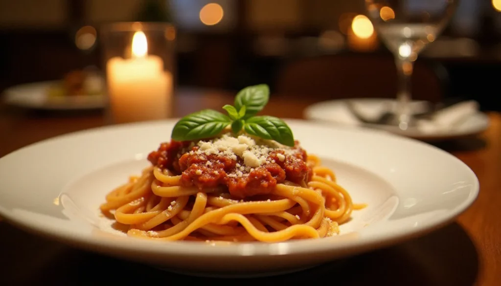 la squadra restaurant cuisine italienne avis featured Assiette de tagliatelle fraîches al ragù bolognese avec parmigiano reggiano râpé, servie dans un restaurant de cuisine italienne comme La Squadra, lumière tamisée et ambiance chaleureuse