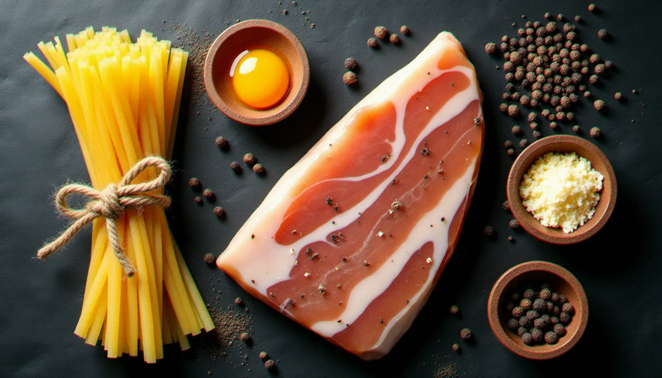 Vue de dessus des cinq ingrédients authentiques pour une linguine carbonara pasta : linguine sèches, guanciale au poivre, pecorino romano râpé, jaunes d'œufs frais et grains de poivre noir sur ardoise sombre