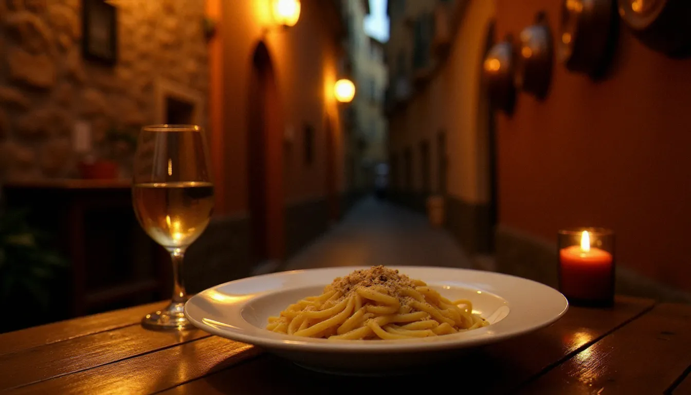 Assiette de linguine carbonara pasta servie dans une trattoria romaine intimiste à la lumière des bougies, accompagnée d'un verre de Frascati blanc, dans une atmosphère chaleureuse avec murs en terre cuite et ustensiles en cuivre en arrière-plan