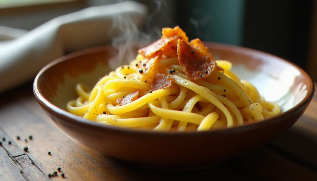 Un bol en céramique rustique contenant des linguine carbonara pasta brillantes, nappées d'une sauce dorée aux œufs et au pecorino romano, garnies de guanciale croustillant et de poivre noir fraîchement moulu