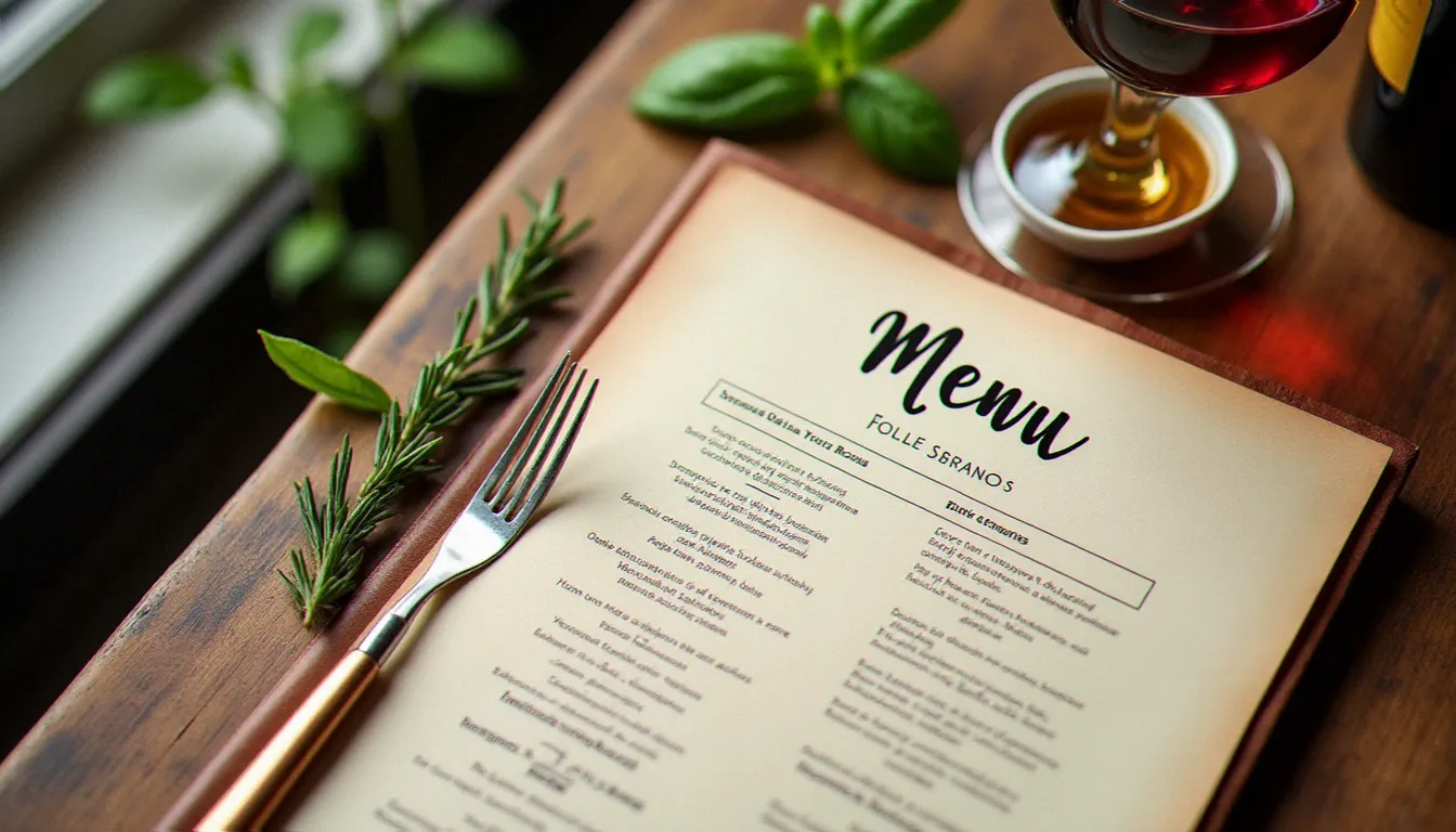 Carte de restaurant italien ouverte sur une table en bois avec un verre de vin rouge et un bol d'huile d'olive, lumière naturelle douce, illustration de la carte d'une pizzeria italienne