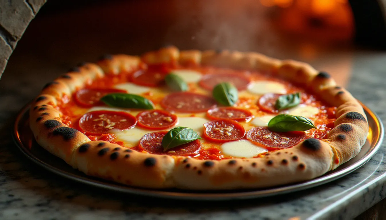 Pizza Diavola napolitaine sortant du four à bois avec cornicione doré et légèrement carbonisé, garniture de salami épicé et mozzarella fondante, vapeur visible, préparation artisanale authentique