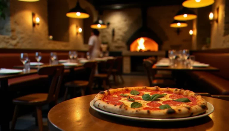 Intérieur chaleureux d'une pizzeria italienne avec four à bois et pizza Margherita fumante sur table en bois, ambiance trattoria authentique évoquant l'expérience Mima Pizzeria & Cuisine Italienne