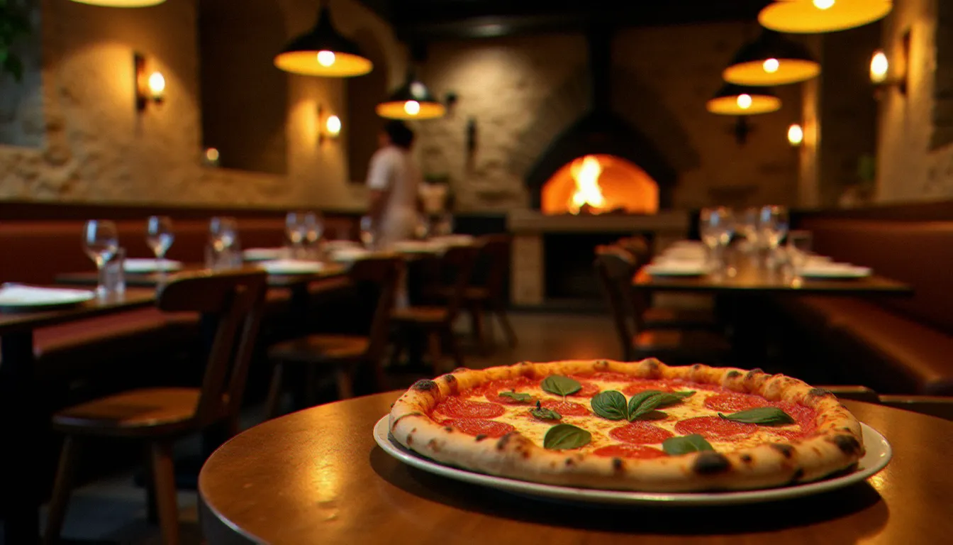 Intérieur chaleureux d'une pizzeria italienne avec four à bois et pizza Margherita fumante sur table en bois, ambiance trattoria authentique évoquant l'expérience Mima Pizzeria & Cuisine Italienne
