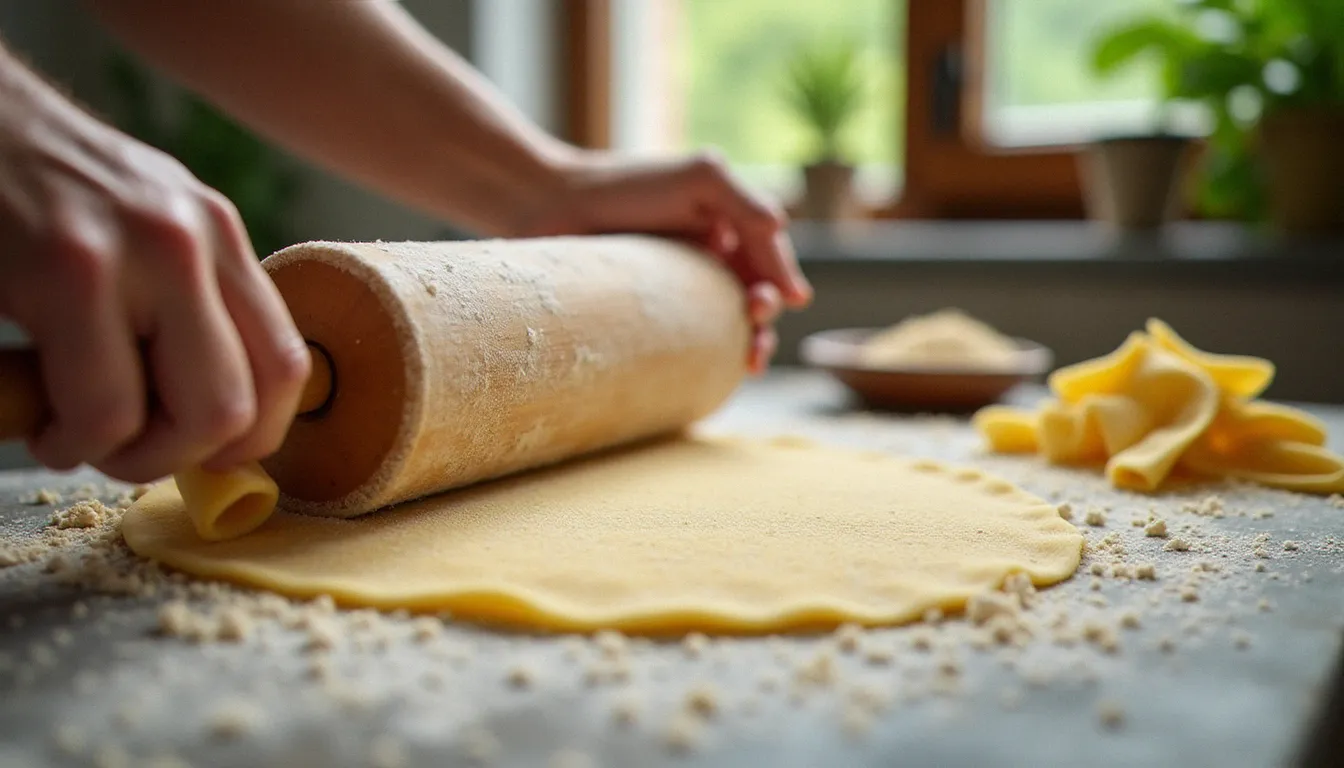 Mains préparant des pâtes fraîches maison sur un plan de travail en pierre, geste artisanal de la cuisine italienne