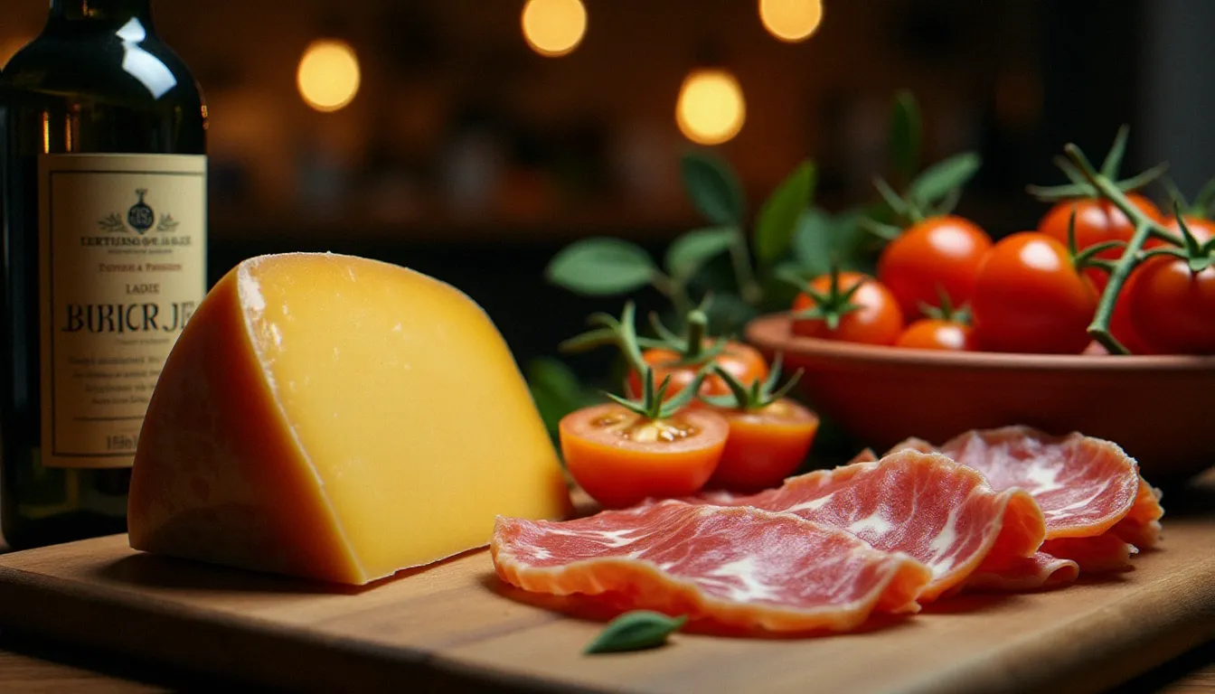 Comptoir d'épicerie fine italienne avec Parmigiano Reggiano DOP, huile d'olive et tomates San Marzano, produits certifiés d'origine italienne