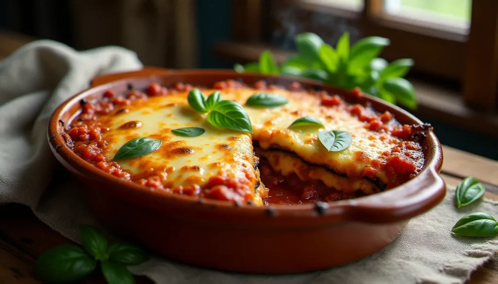 Parmigiana aubergine dorée et fondante sortant du four dans un plat en terre cuite rustique, révélant ses couches de mozzarella fondue et sauce tomate