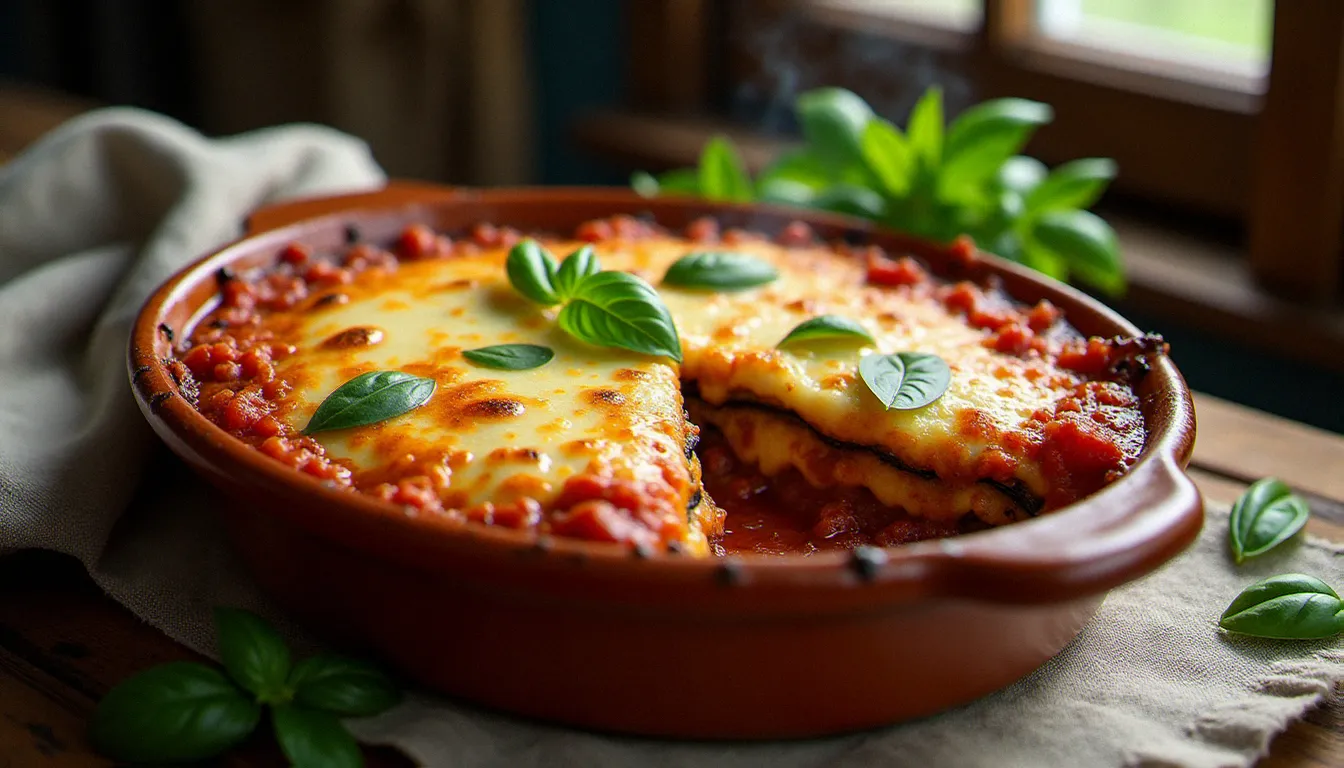 Parmigiana aubergine dorée et fondante sortant du four dans un plat en terre cuite rustique, révélant ses couches de mozzarella fondue et sauce tomate