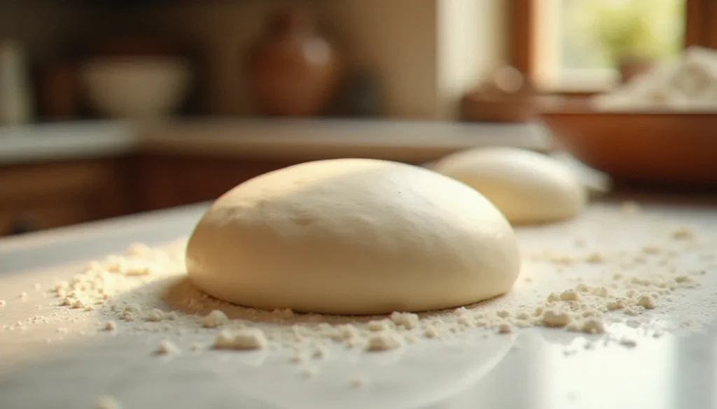 Boule de pasta a pizza fraîche et lisse posée sur un marbre fariné dans une cuisine italienne traditionnelle éclairée à la lumière naturelle