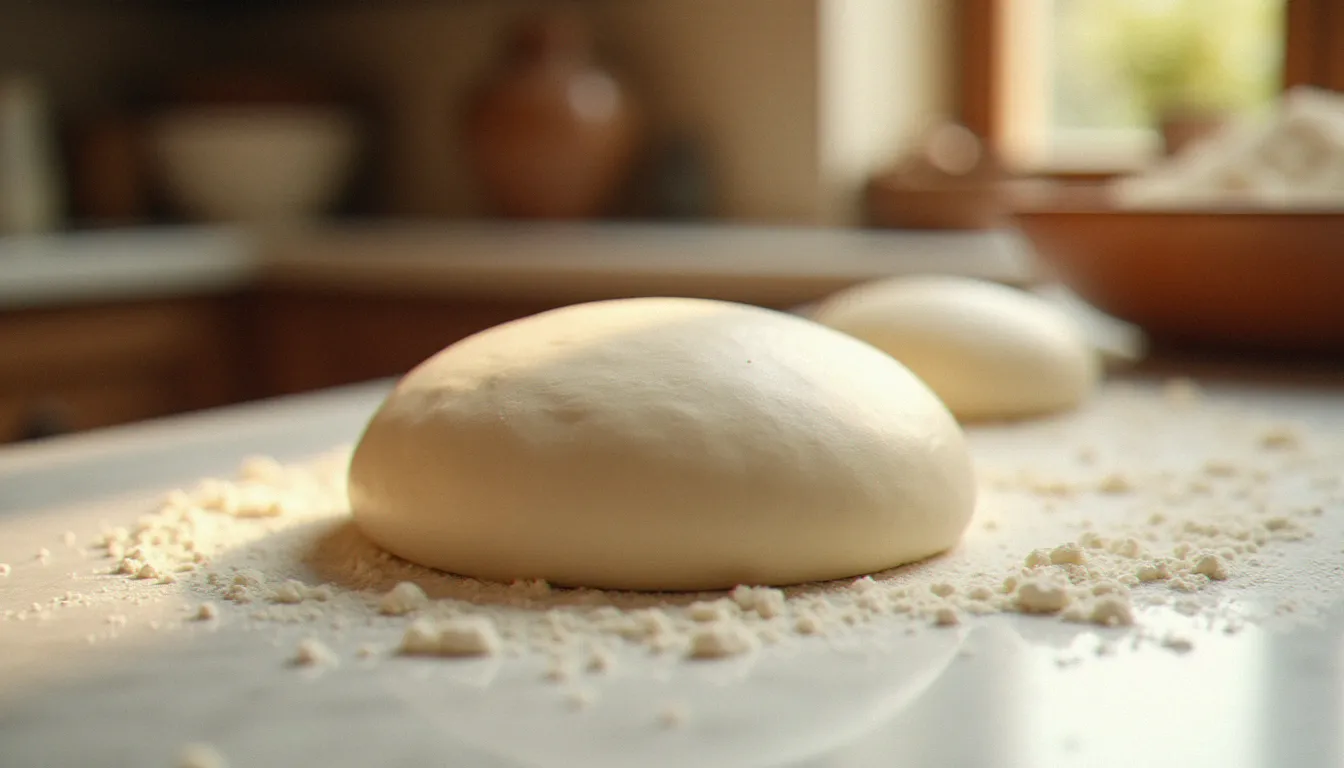 Boule de pasta a pizza fraîche et lisse posée sur un marbre fariné dans une cuisine italienne traditionnelle éclairée à la lumière naturelle