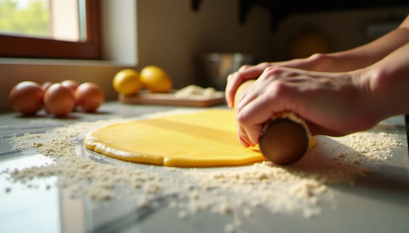 Pâtes fraîches faites à la main sur un plan de travail marbré fariné dans une cuisine italienne artisanale, illustrant le savoir-faire mis en avant dans les meilleurs avis sur la cuisine italienne de Pasto