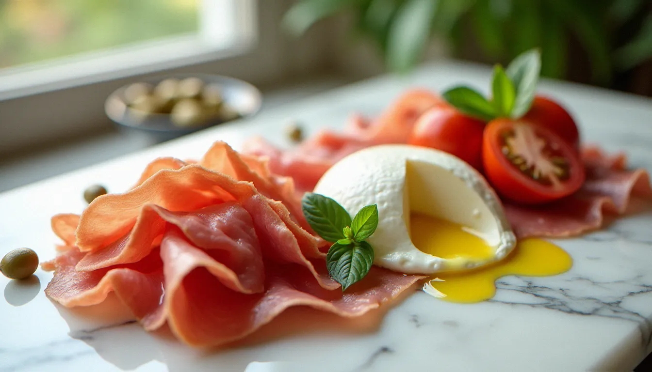 Plateau d'antipasti italiens avec burrata fraîche ouverte, bresaola et prosciutto di Parma sur marbre blanc, reflétant les produits phares mentionnés dans les avis enthousiastes sur Pasto cuisine italienne