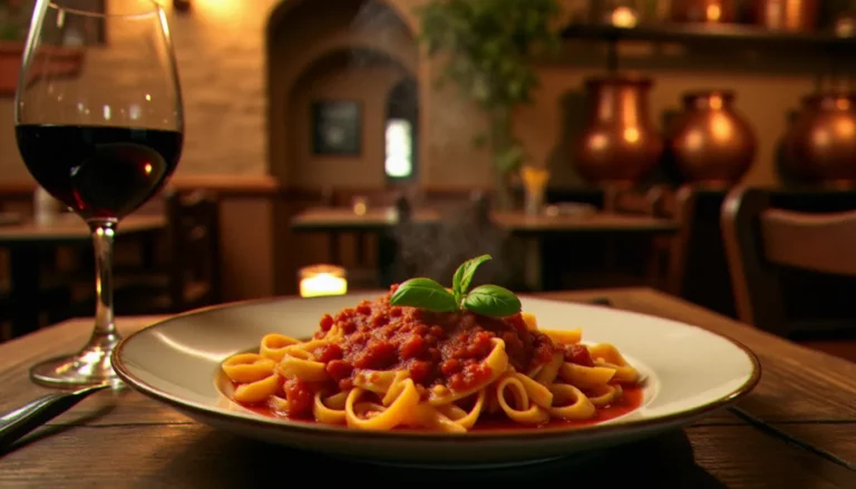 Table dressée dans un restaurant de cuisine italienne de style trattoria, avec un bol de pâtes fraîches maison au ragù et un verre de vin rouge, ambiance chaleureuse évoquant les avis positifs de Pasto cuisine italienne