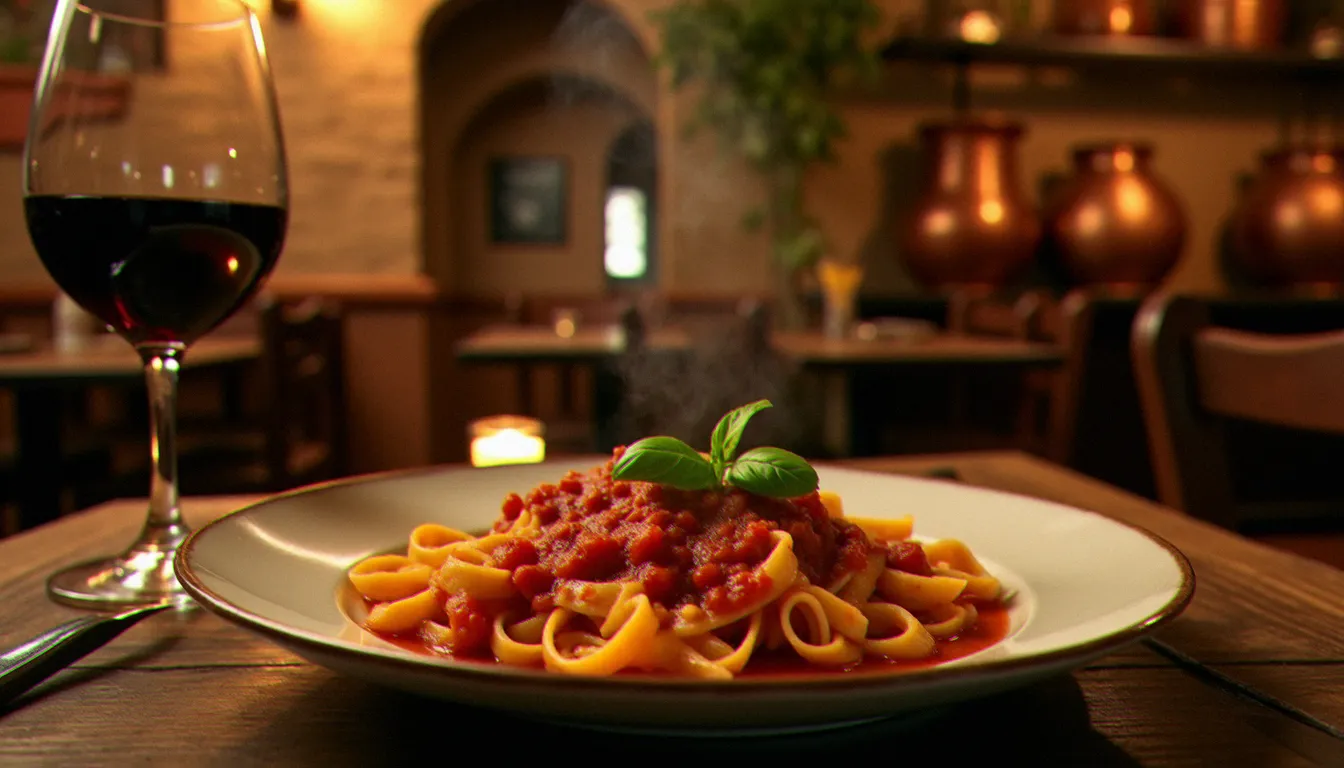 Table dressée dans un restaurant de cuisine italienne de style trattoria, avec un bol de pâtes fraîches maison au ragù et un verre de vin rouge, ambiance chaleureuse évoquant les avis positifs de Pasto cuisine italienne