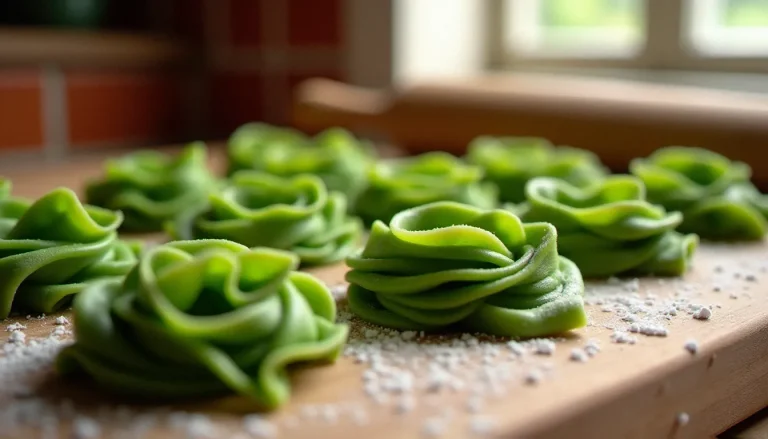 Nids de pâte aux épinards fraîche maison disposés sur une planche en bois farinée, couleur verte naturelle, lumière douce de cuisine italienne
