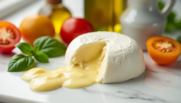 Burrata fraîchement ouverte dont la pâte burrata crémeuse déborde sur un marbre blanc, entourée de tomates cerises colorées et de basilic frais