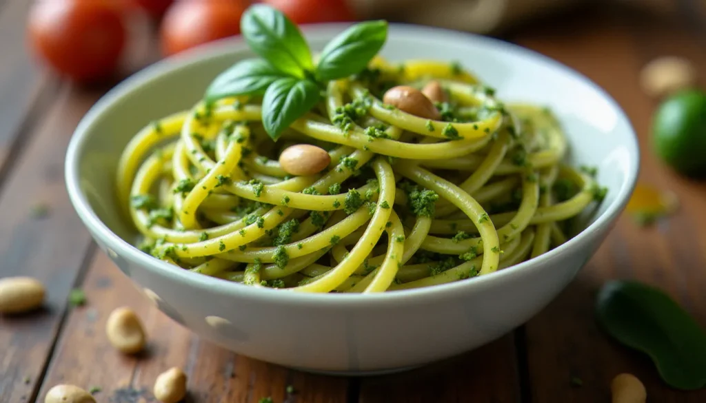 Bol de trofie aux pâtes pesto alla genovese maison, garni de pignons de pin et d'une feuille de basilic frais, sur une table en bois rustique