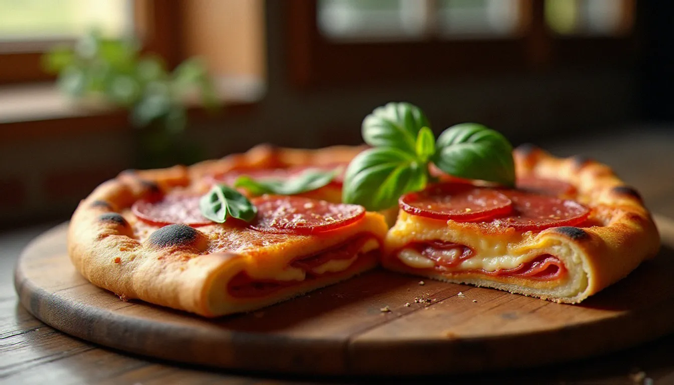 Pizza calzone napolitaine coupée en deux révélant une garniture crémeuse à la ricotta et mozzarella fondante, posée sur une planche en bois rustique dans une cuisine traditionnelle