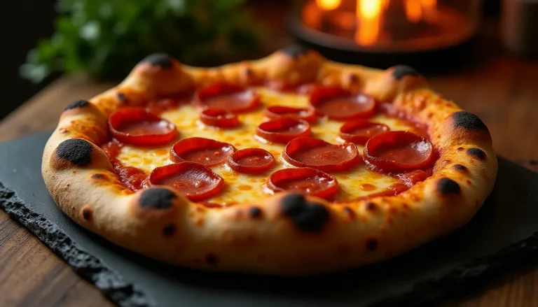 Pizza pepperoni dorée sortant du four avec des tranches de pepperoni croustillantes et recourbées sur un lit de mozzarella fondue et de sauce tomate