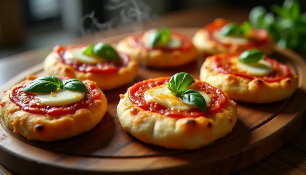 Six pizzettas dorées sur une planche en bois, garnies de sauce tomate, mozzarella fondue et basilic frais, photographiées en vue de dessus dans une lumière naturelle chaude