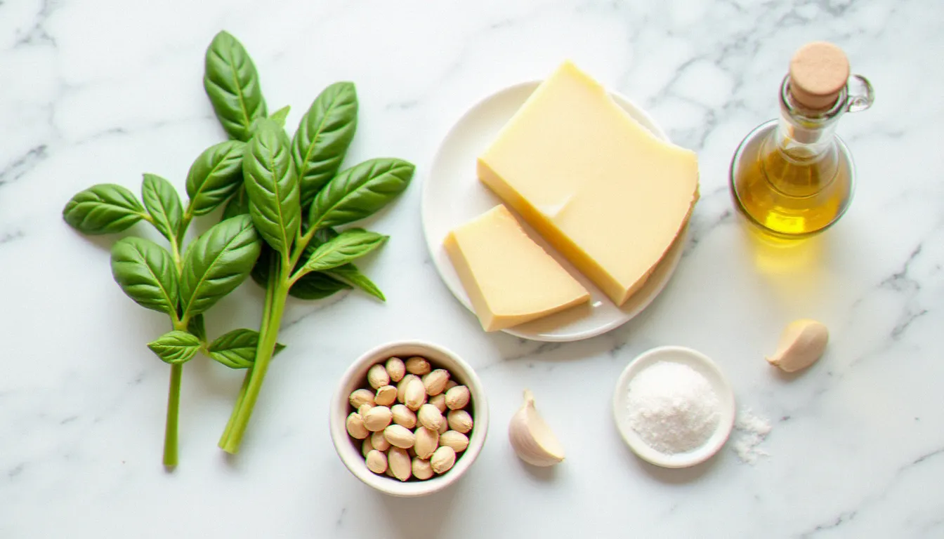 Ingrédients authentiques du pesto génois disposés sur un marbre blanc : basilic à petites feuilles, parmesan, pignons de pin, ail frais et huile d'olive ligure