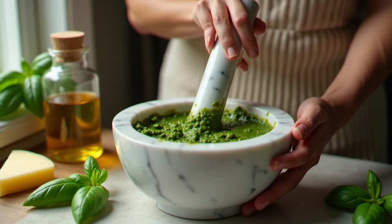 Préparation artisanale du pesto maison dans un mortier en marbre blanc, avec du basilic frais pilé et un filet d'huile d'olive versé à la main