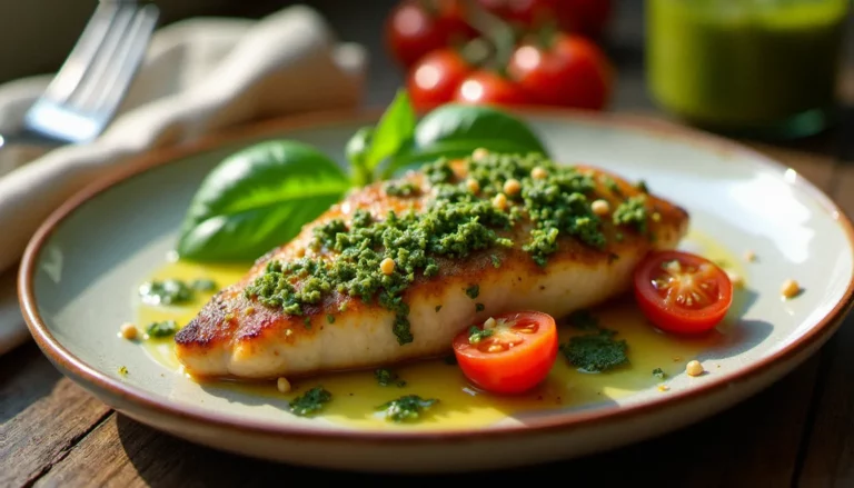 Poulet au pesto doré servi sur une assiette en céramique blanche avec des feuilles de basilic frais, des tomates cerises et un filet d'huile d'olive