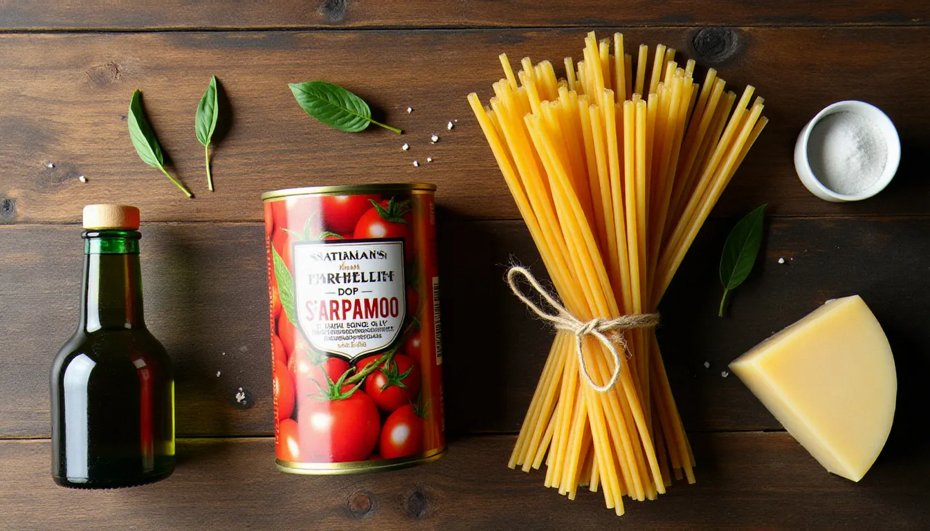 Les ingrédients essentiels d'une recette de cuisine italienne facile alignés sur une surface en bois : pâtes artisanales, tomates San Marzano DOP, huile d'olive et parmesan