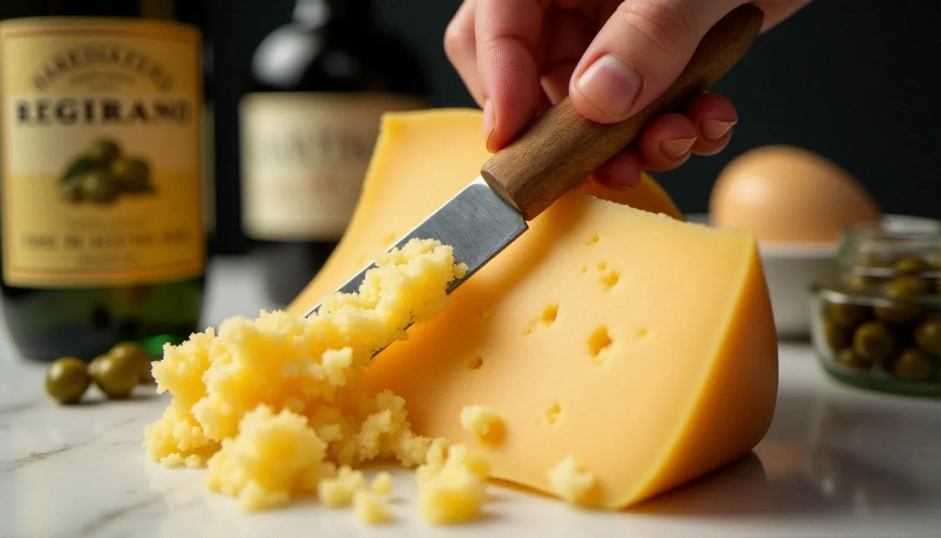 Parmesan Reggiano DOP cassé à la main révélant sa texture cristalline, entouré de produits italiens de qualité sur marbre blanc