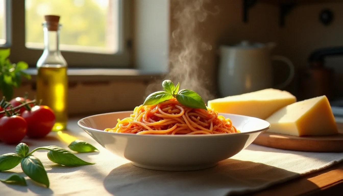 Un bol de pasta al pomodoro italienne facile servi sur une table rustique avec tomates fraîches, huile d'olive et parmesan