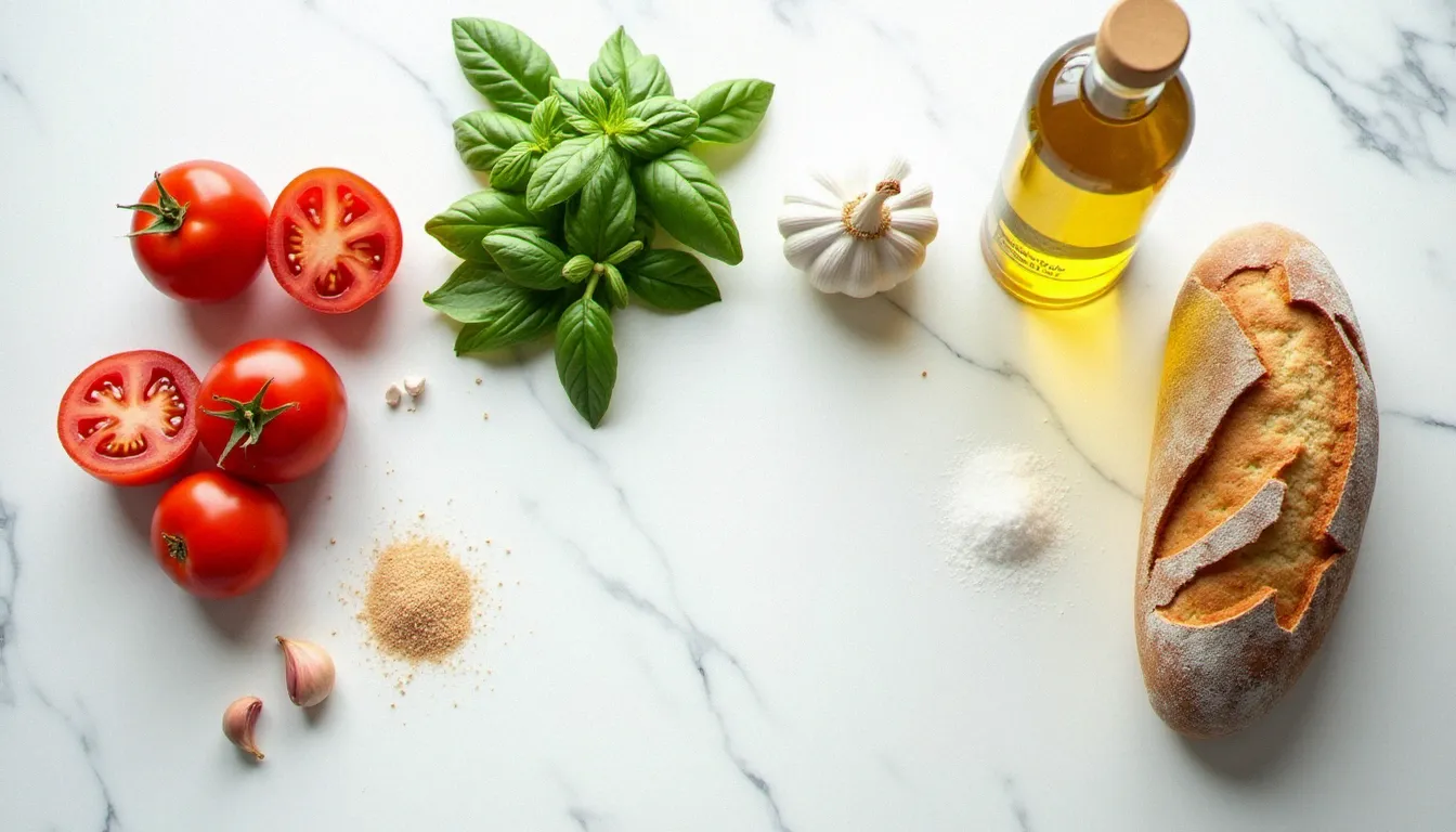 Ingrédients frais pour la recette de la bruschetta sur marbre blanc : tomates Roma, ail, basilic, huile d'olive DOP et pain de campagne au levain