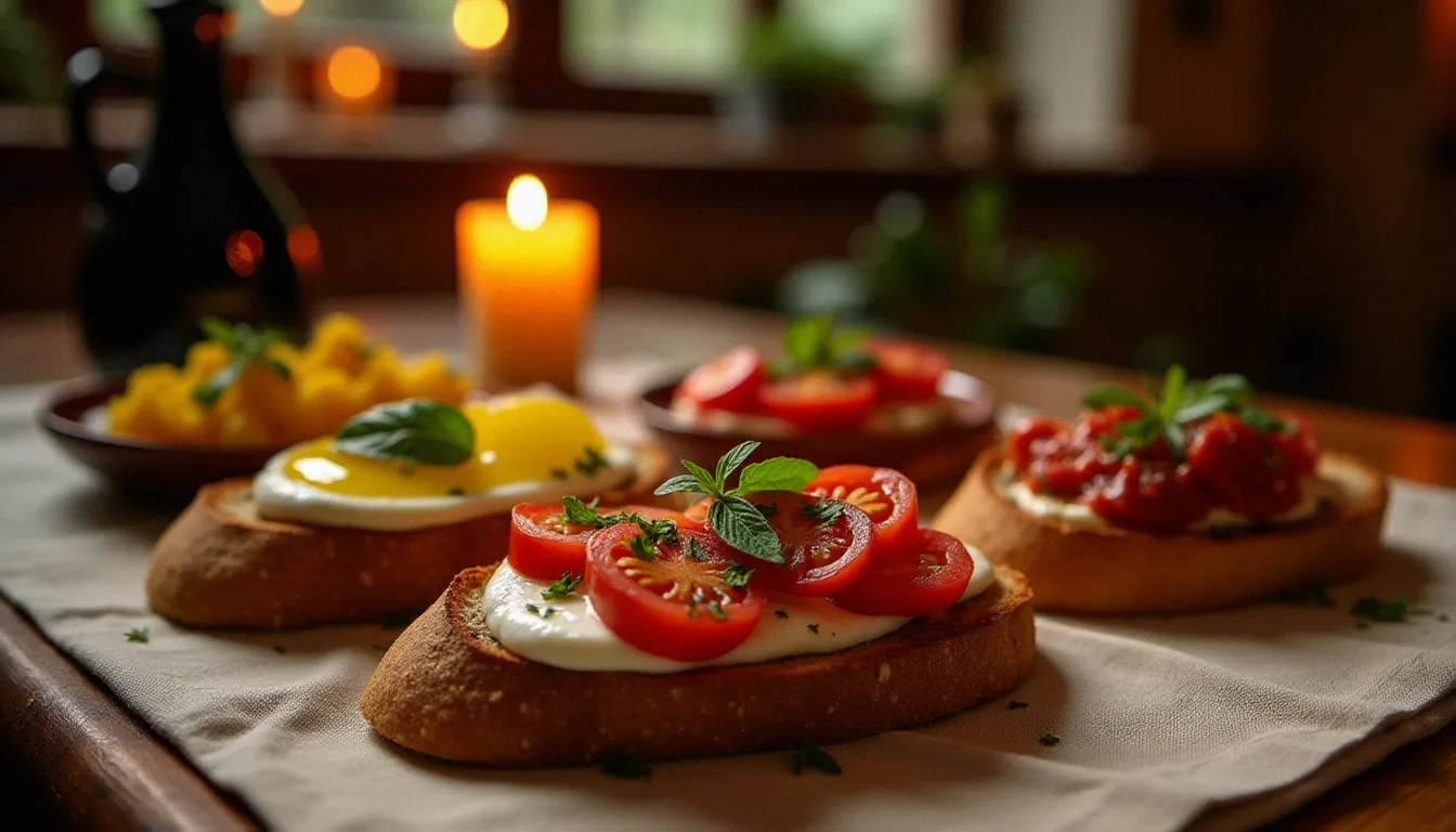 Trois variantes régionales de bruschetta italienne côte à côte sur une table de trattoria : version ombrienne à l'huile, version campanienne avec mozzarella de bufflonne, version calabraise à la 'nduja