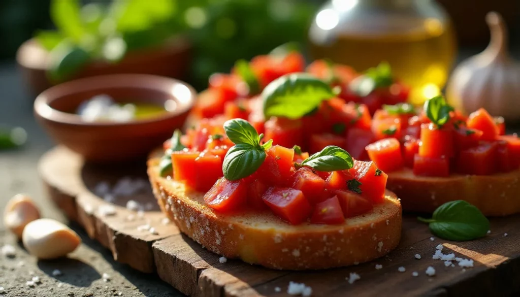 Recette de la bruschetta à la tomate et au basilic servie sur une planche en bois d'olivier, avec huile d'olive extra vierge et fleur de sel
