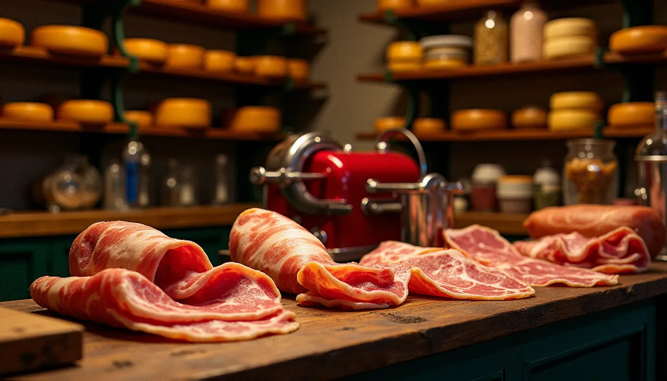 Comptoir d'une charcuterie italienne à Turin présentant différents types de jambon — prosciutto di Parma, San Daniele et prosciutto cotto — tranchés finement sur une machine professionnelle