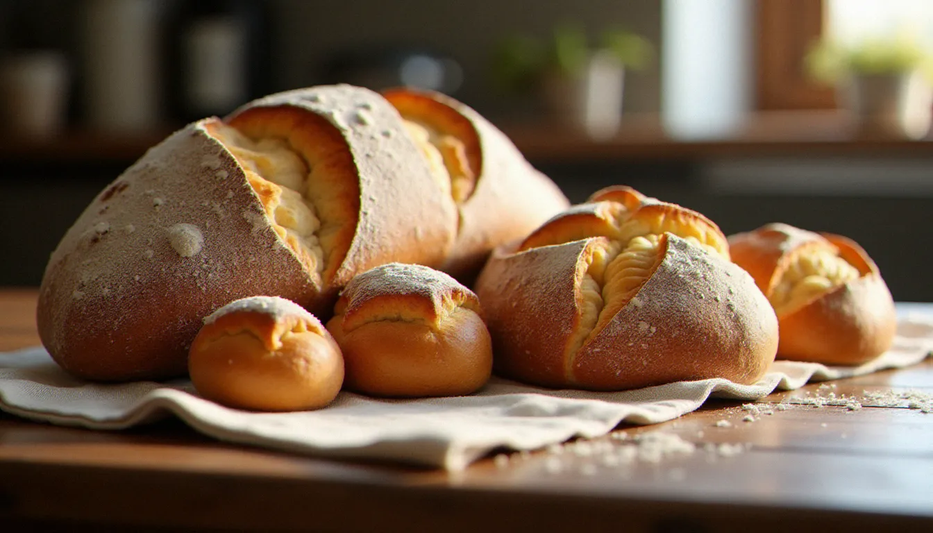 Assortiment de pains italiens artisanaux — ciabatta, rosette et michetta fraîchement cuits — disposés sur une table en chêne, idéaux pour réaliser une recette de panini au jambon authentique