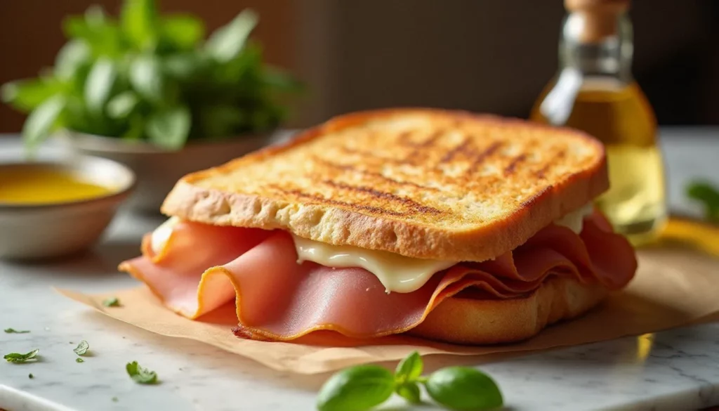 Recette du panini au jambon grillé sur ciabatta avec mozzarella fondante et prosciutto cotto, posé sur un plan de travail en marbre dans une cuisine italienne