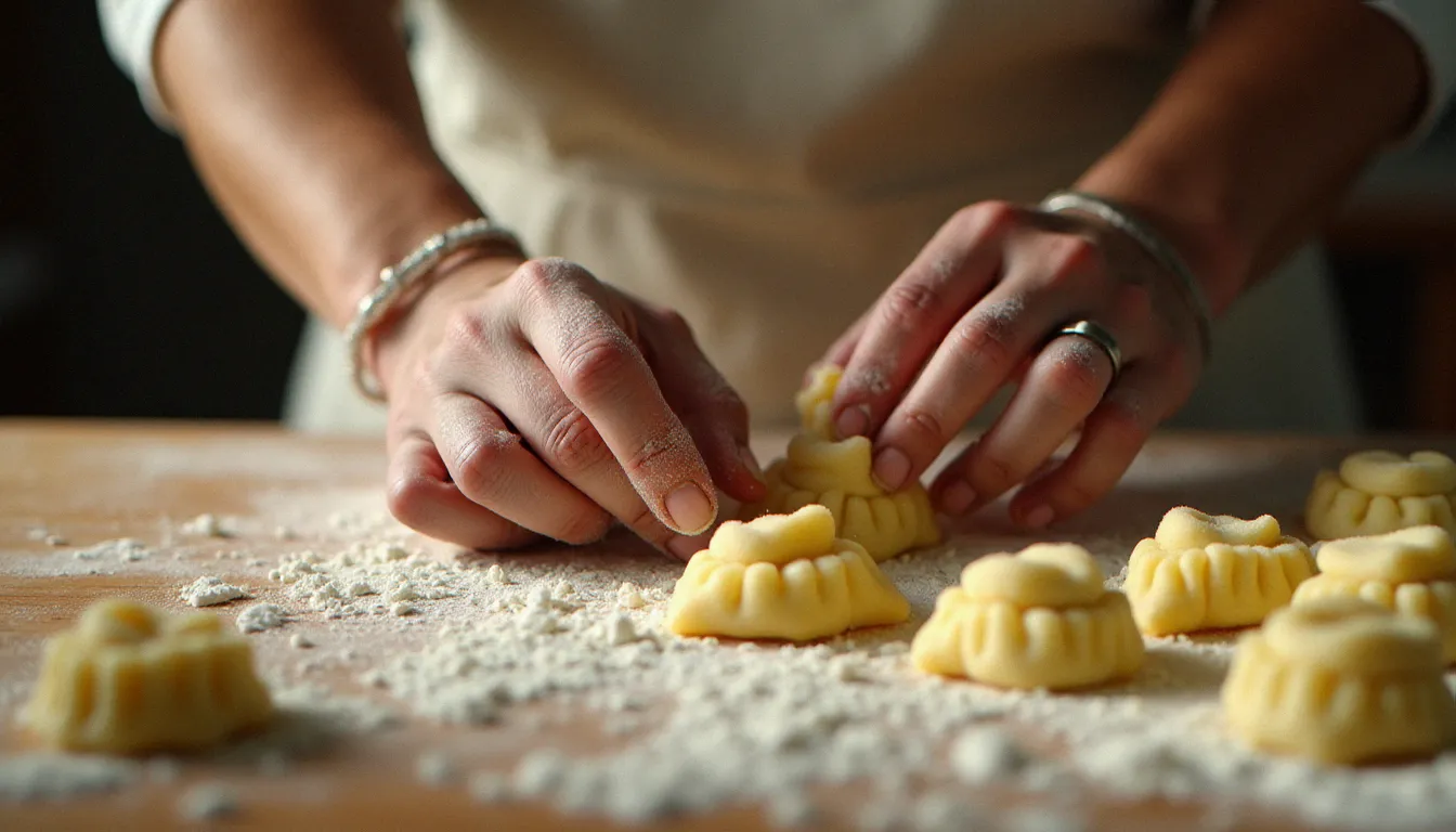 Gros plan sur les mains d'une femme qui façonne des orecchiette maison sur une planche en bois farinée, montrant le geste du pouce pour créer la forme concave typique