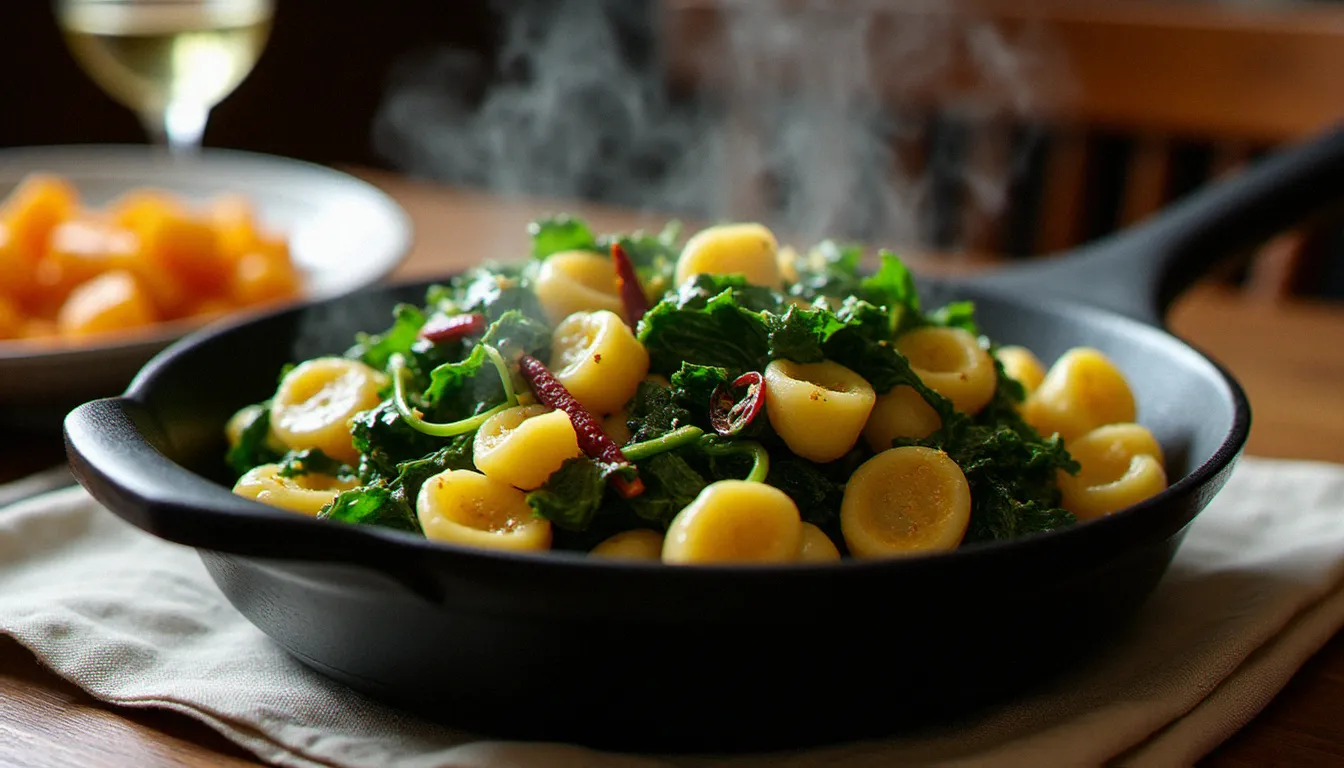 Poêle en fonte avec des orecchiette alle cime di rapa brillantes d'huile d'olive, plat traditionnel pugliese servi dans une cuisine italienne rustique avec un verre de vin blanc