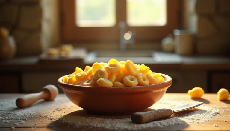 Bol en terre cuite rempli d'orecchiette fraîches maison saupoudrées de semoule, sur une table en bois rustique — recette orecchiette traditionnelle des Pouilles